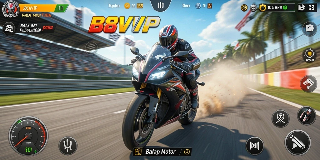 Screenshot utama B8VIP yang menunjukkan aksi balap motor yang mendebarkan.