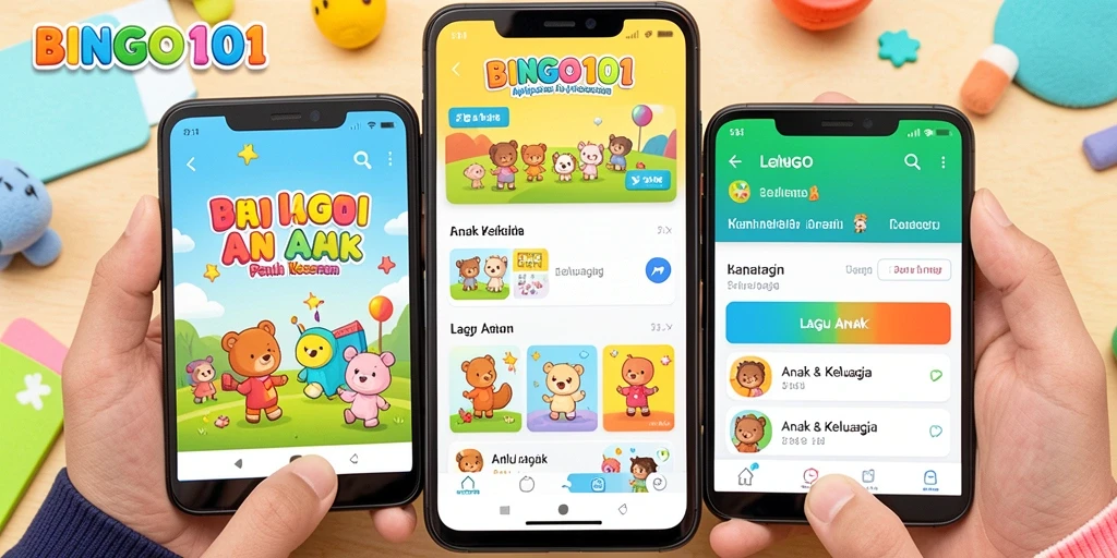 Tampilan antarmuka BINGO101 dengan lagu-lagu ceria untuk anak-anak.